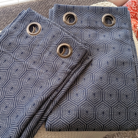 Blackout Curtain Panels (2) Navy Blue Geometric Design 84&quot; Long